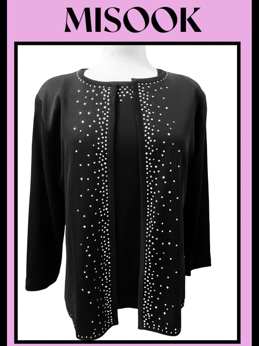 MISOOK 2pc Luxury Knit Sweater Set Cardigan Shell Silver Embellishment Sz M NEW